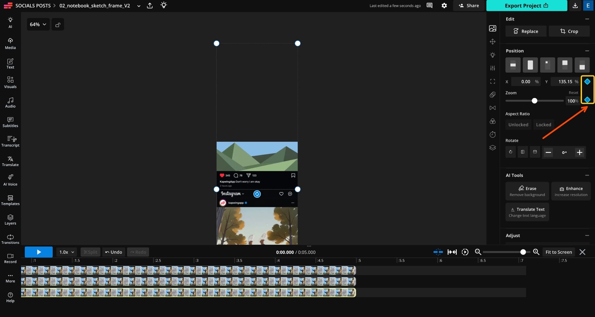 Kapwing Studio timeline showing keyframe animation controls for moving Instagram posts upward in a seamless falling through Instagram feed effect.