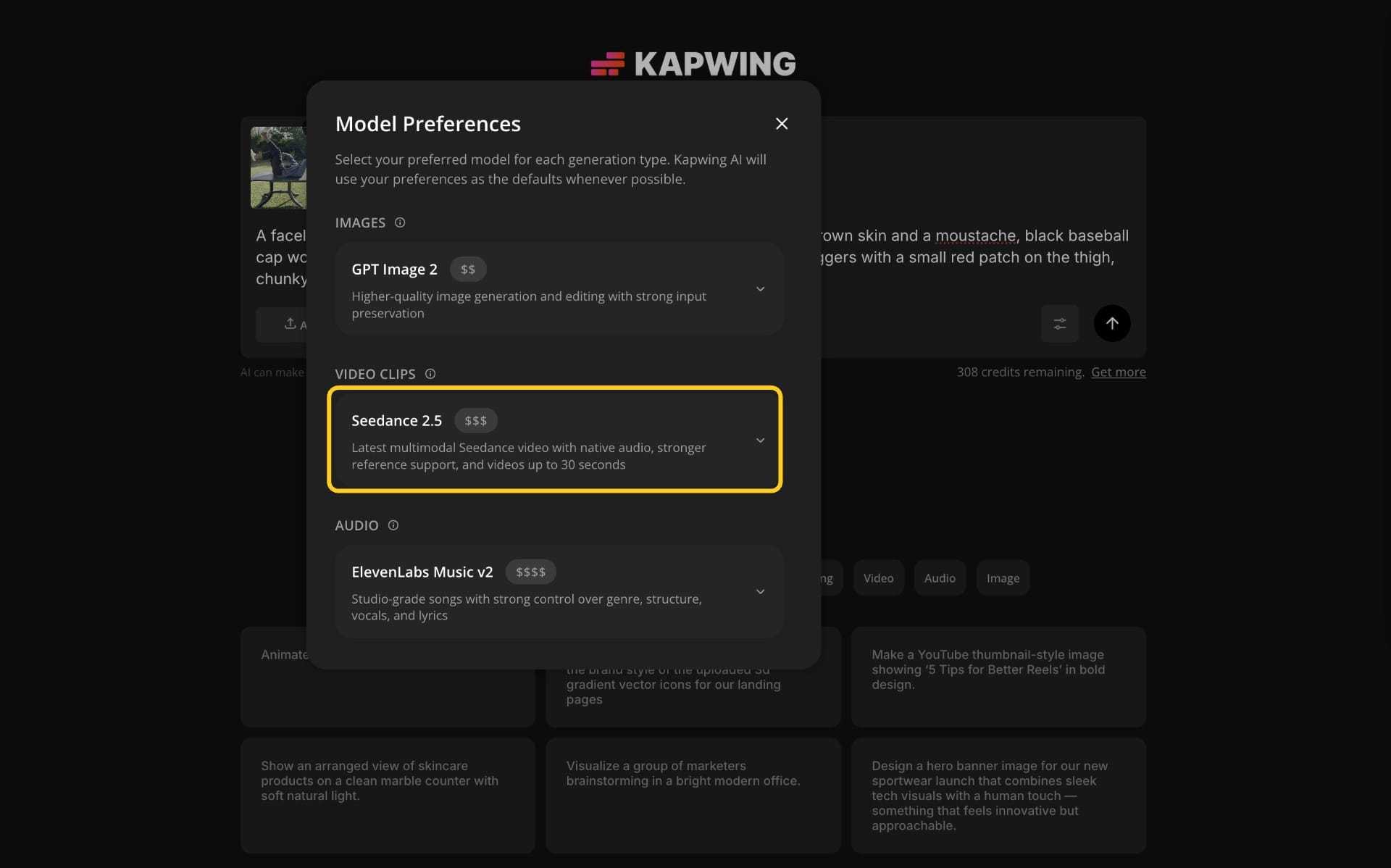 Kapwing AI model preferences panel showing GPT Image 2 and Seedance 2.5 selected with a 9:16 aspect ratio for creating an AI falling through Instagram video effect.
