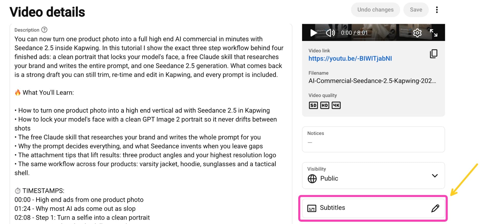 YouTube Studio video details page with the Subtitles tab highlighted, showing where creators can edit and manage YouTube captions.