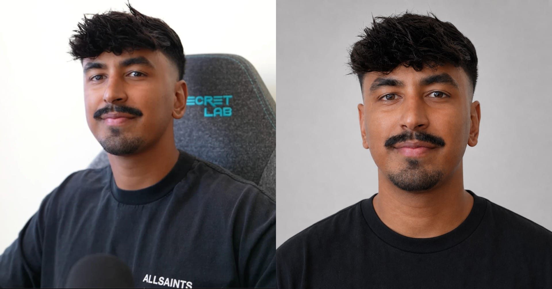 Before-and-after example showing a casual selfie transformed into a clean front-facing AI identity portrait for consistent character generation in a Seedance 2.5 product ad.