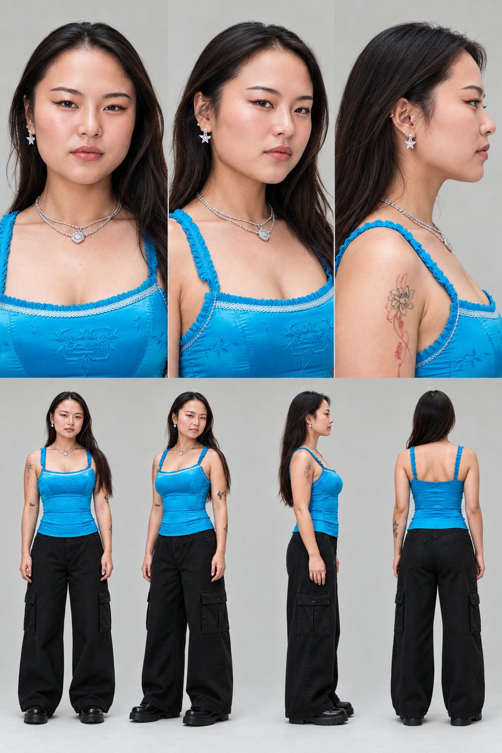 AI character sheet showing multiple portrait and full-body views for a Hotel Lobby AI video.