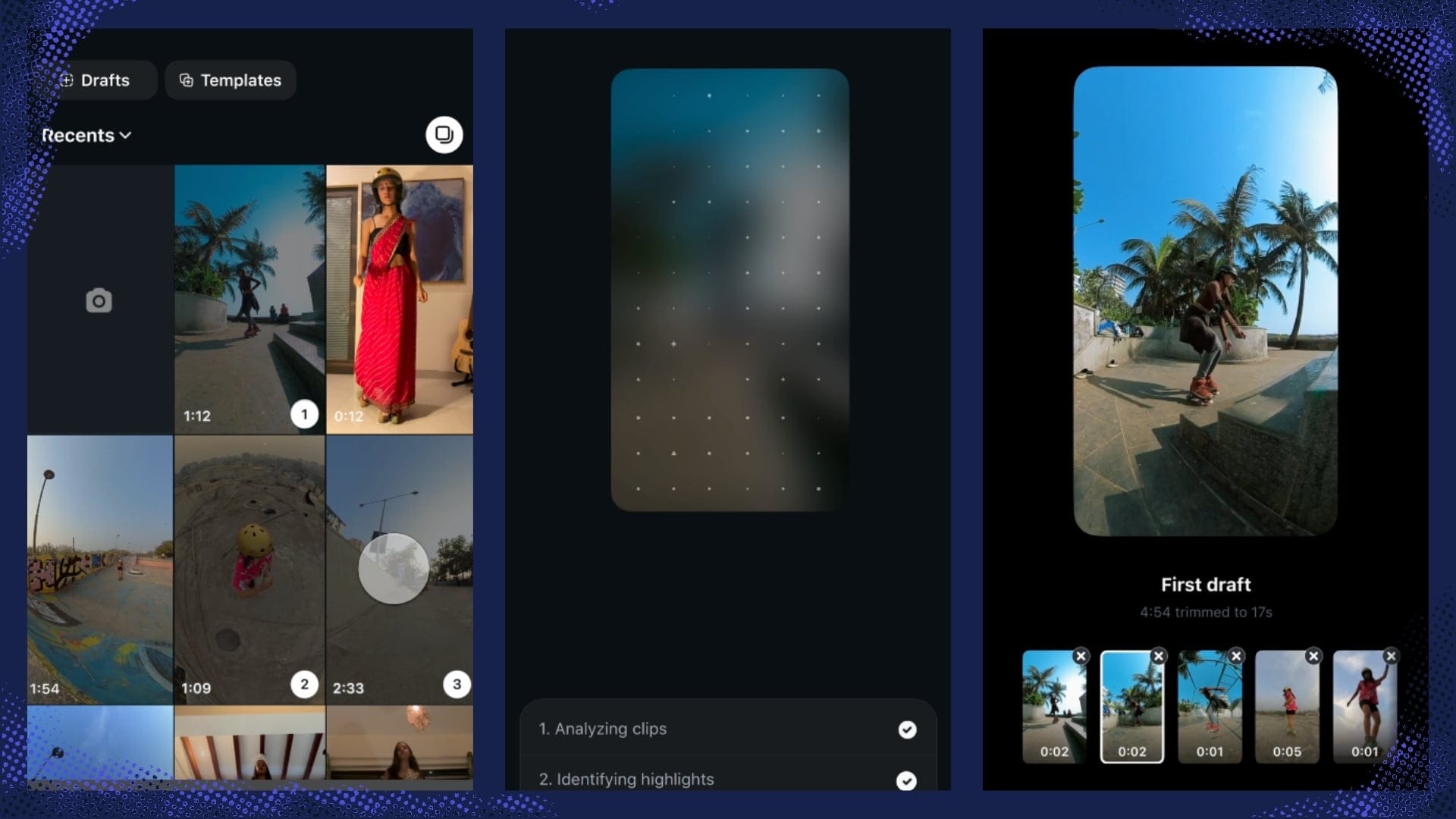 Instagram First Draft interface analyzing clips and identifying highlights before trimming multiple videos into a shorter Instagram Reel.