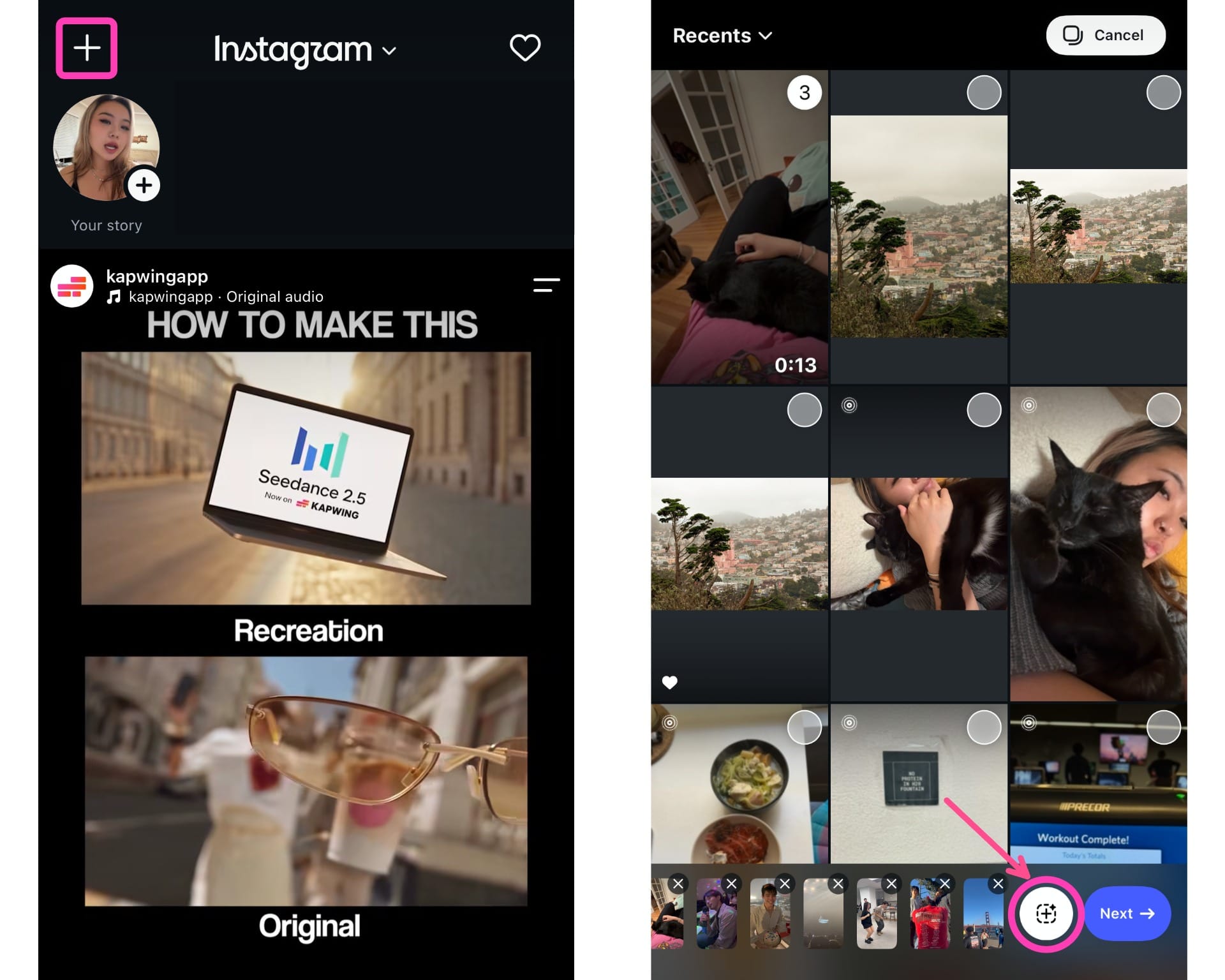 How to use Instagram First Draft by selecting multiple videos from the iPhone camera roll in the Instagram Reels creation screen.