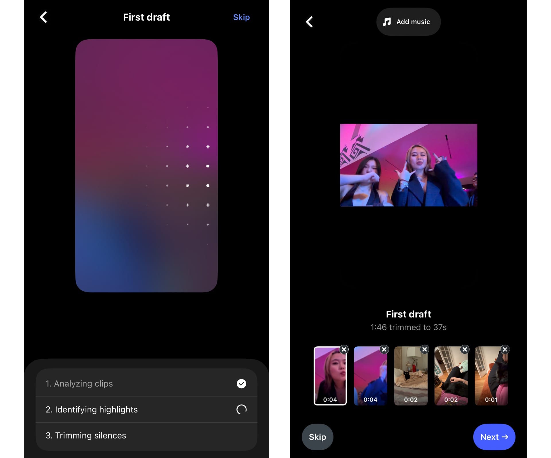 Instagram First Draft analyzing video clips, identifying highlights, trimming silences, and generating an automatic Reel edit.
