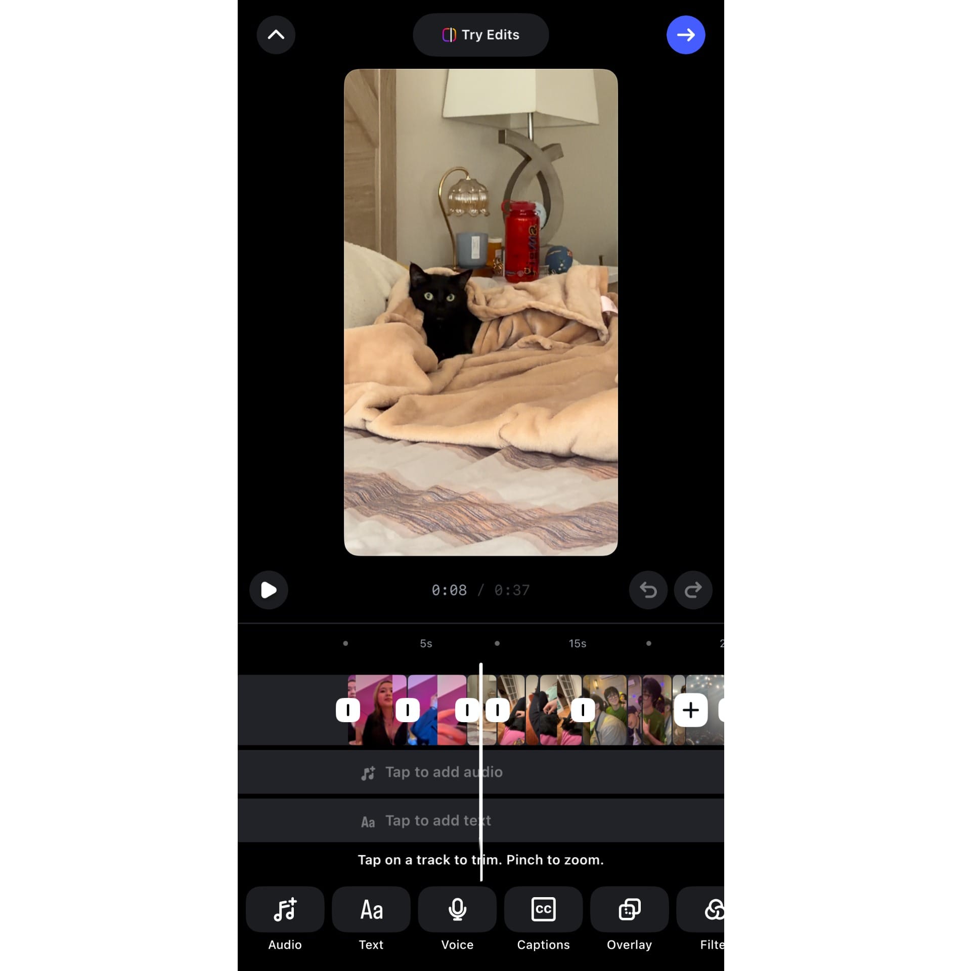 Instagram Reels editor showing a First Draft video edit with multiple trimmed clips arranged on the timeline.