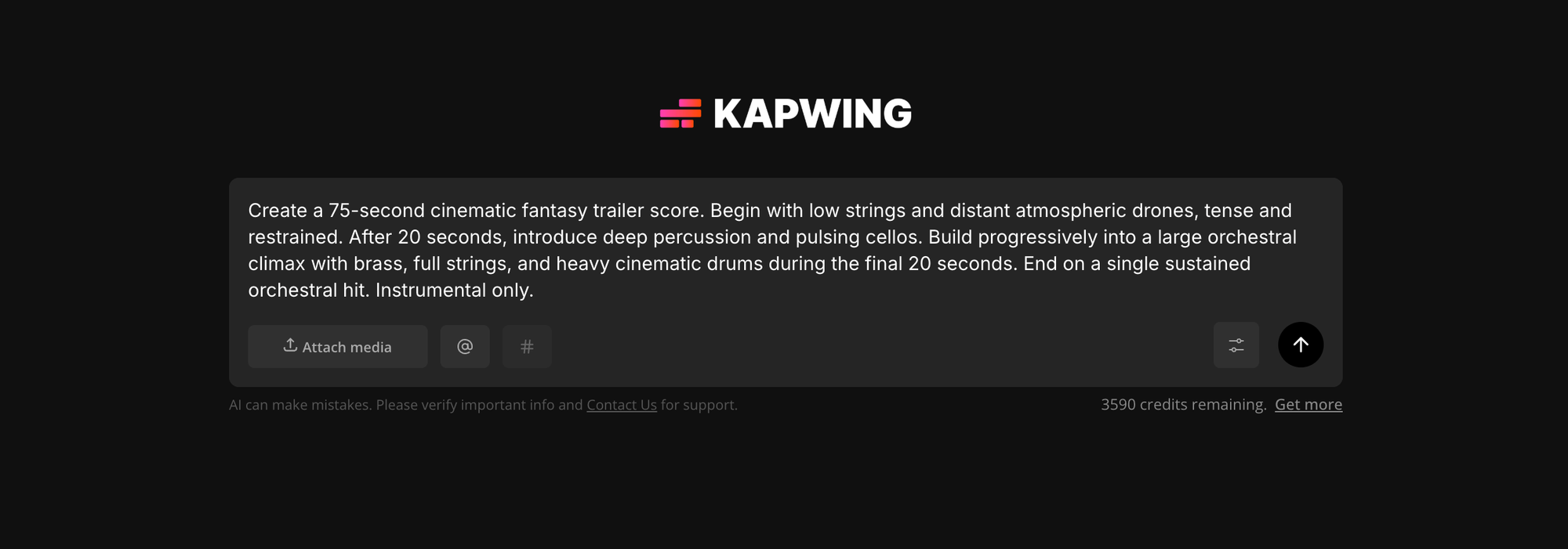 Google Lyria 3.5 prompt entered in Kapwing Kai for a 75-second cinematic fantasy trailer score with strings, percussion, brass, and orchestral drums.