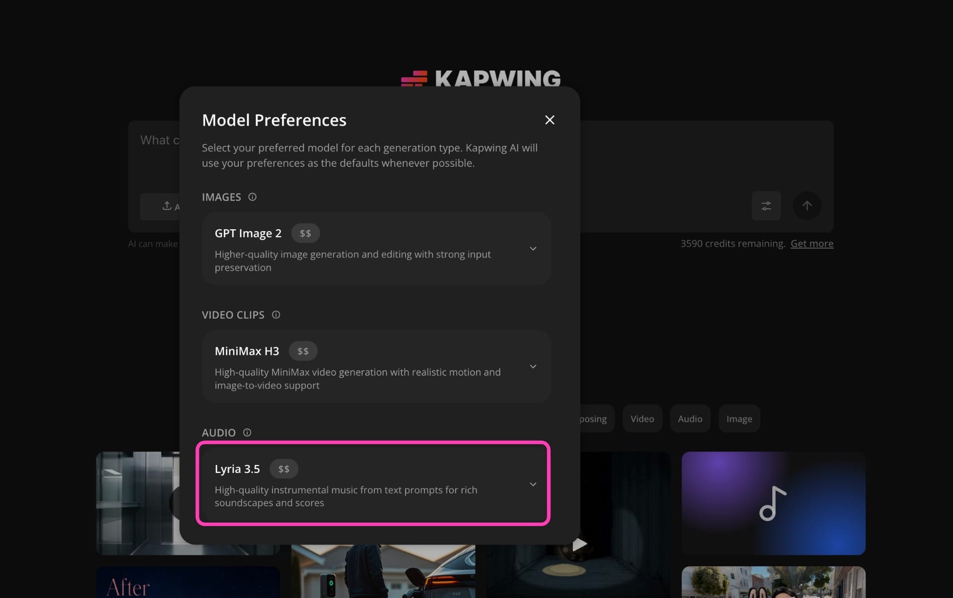 Kapwing Kai Model Preferences panel showing Google Lyria 3.5 selected as the AI music generation model.