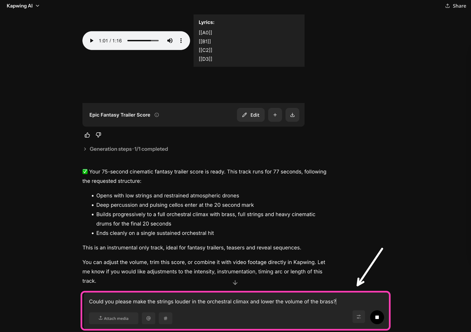 Kapwing Kai showing a generated Google Lyria 3.5 fantasy trailer track with a follow-up prompt asking to make the strings louder and brass quieter.