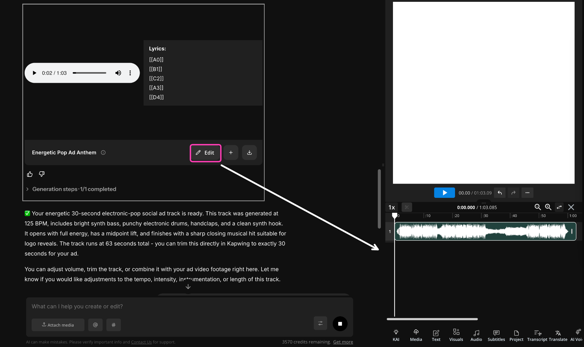 Google Lyria 3.5 AI-generated music being added from Kapwing Kai to the Kapwing video editor timeline for further audio editing.
