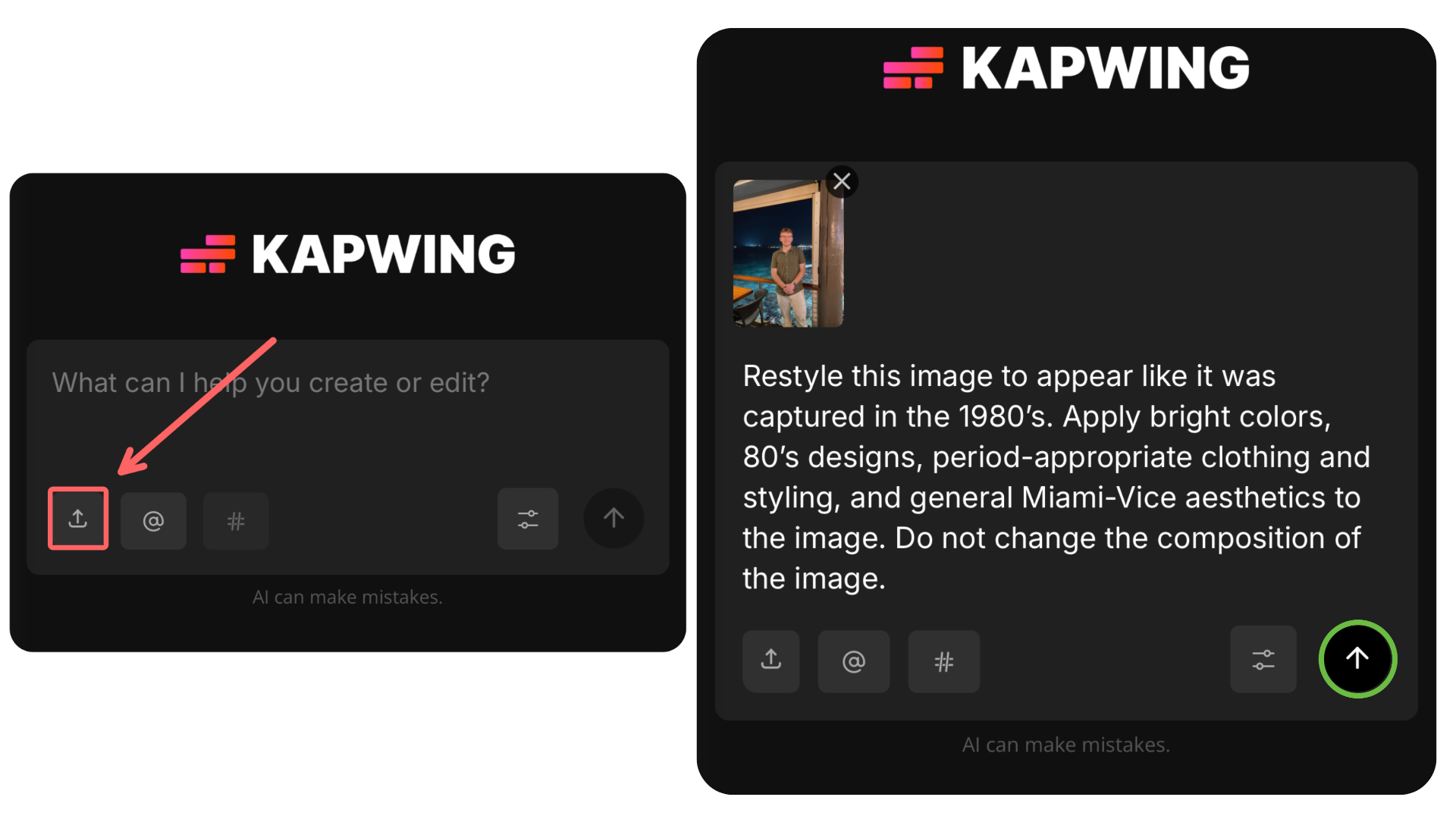 A side-by-side image highlighting the media upload button and a fully populated 1980s AI generation chat.