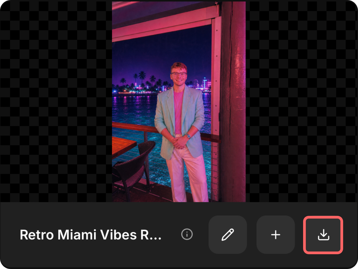 A generation output window with the download button highlighted.