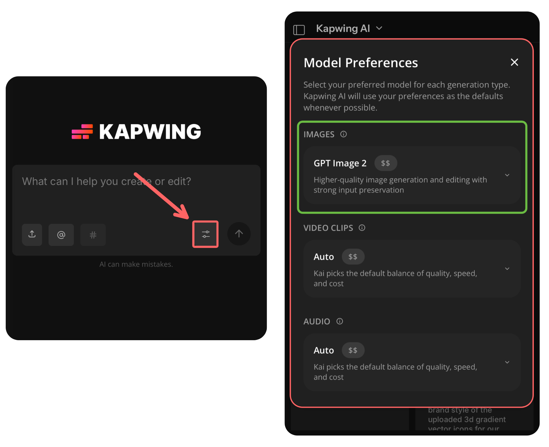 A side-by-side image showing the process of selecting the GPT image model within Kai by opening the model selector settings menu.