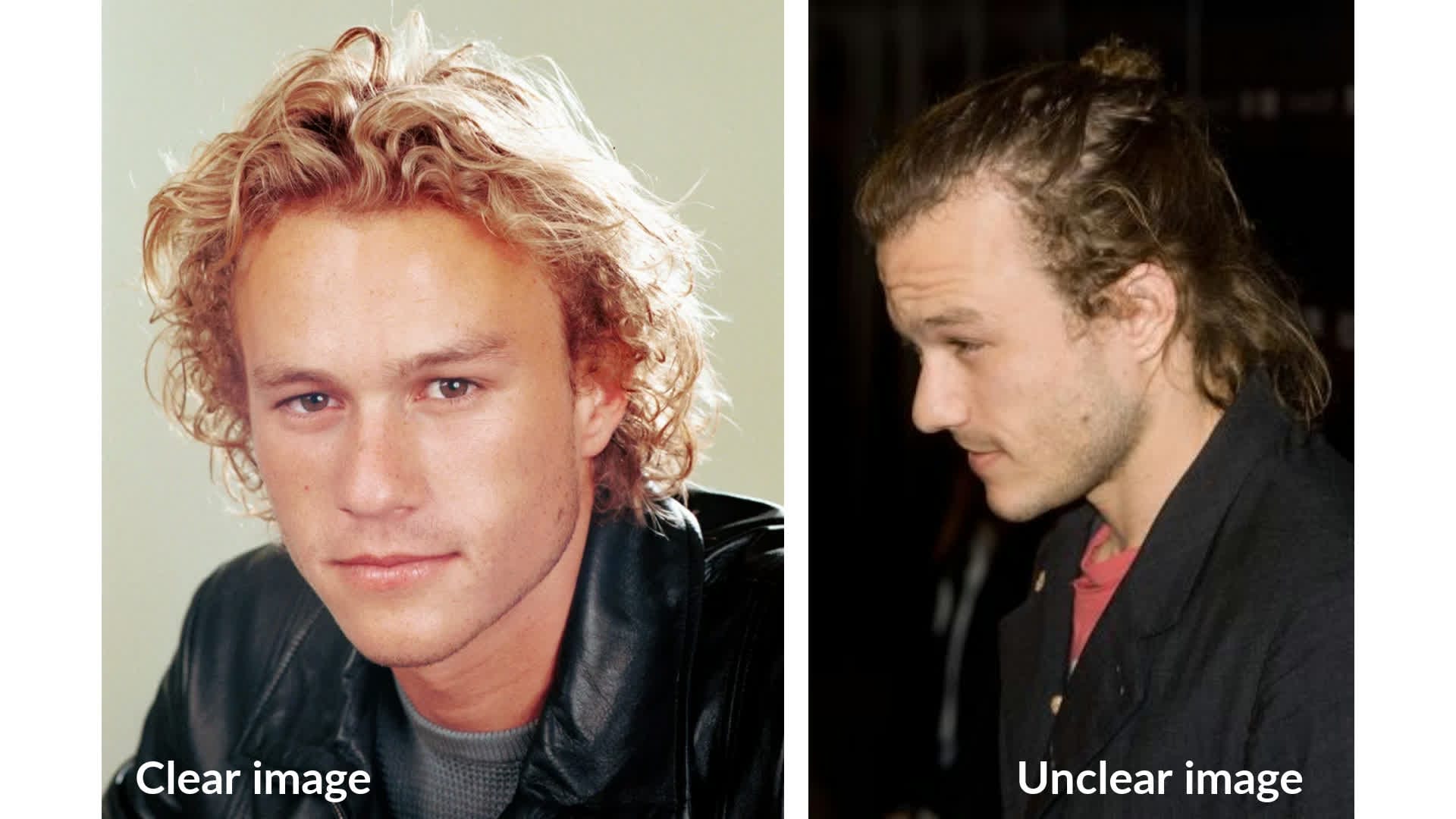 Clear front-facing portrait compared with an unclear side-profile photo for creating an AI age progression video.