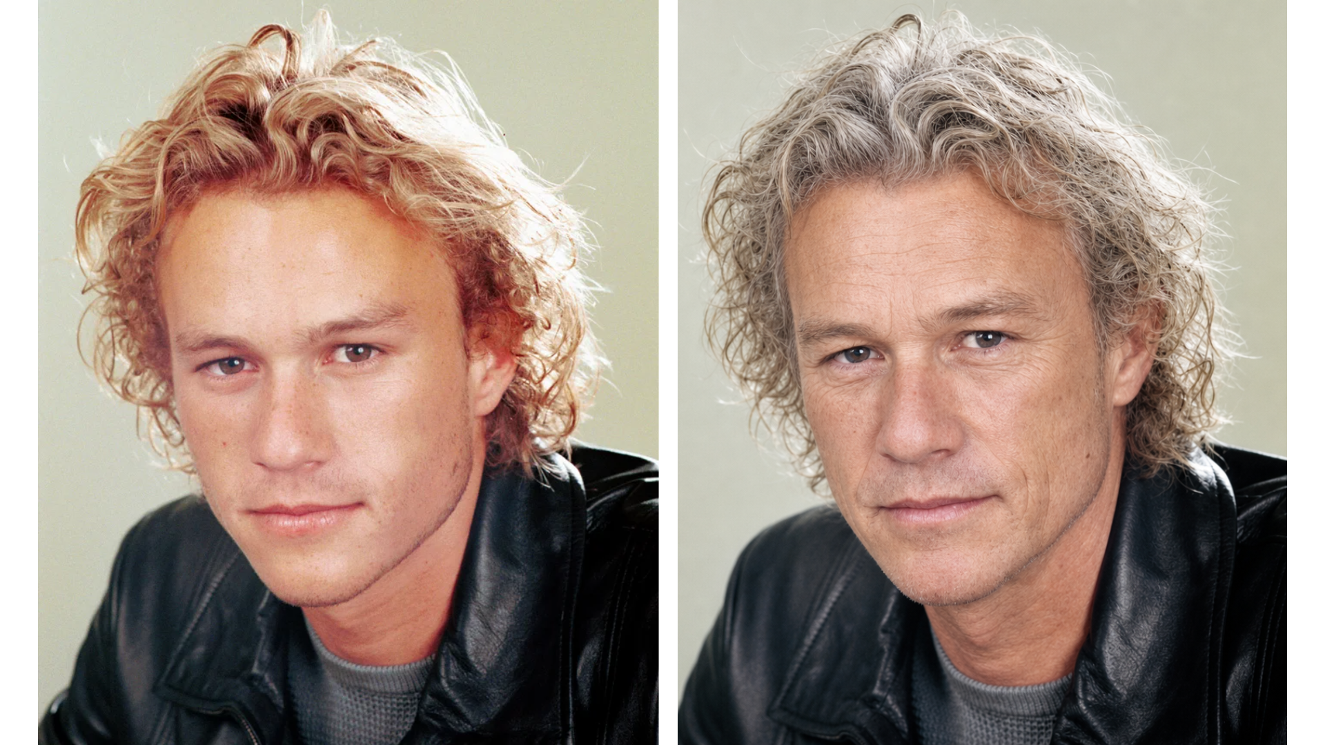 Before-and-after AI aging example showing a young man transformed into an older version for an AI aging timelapse.