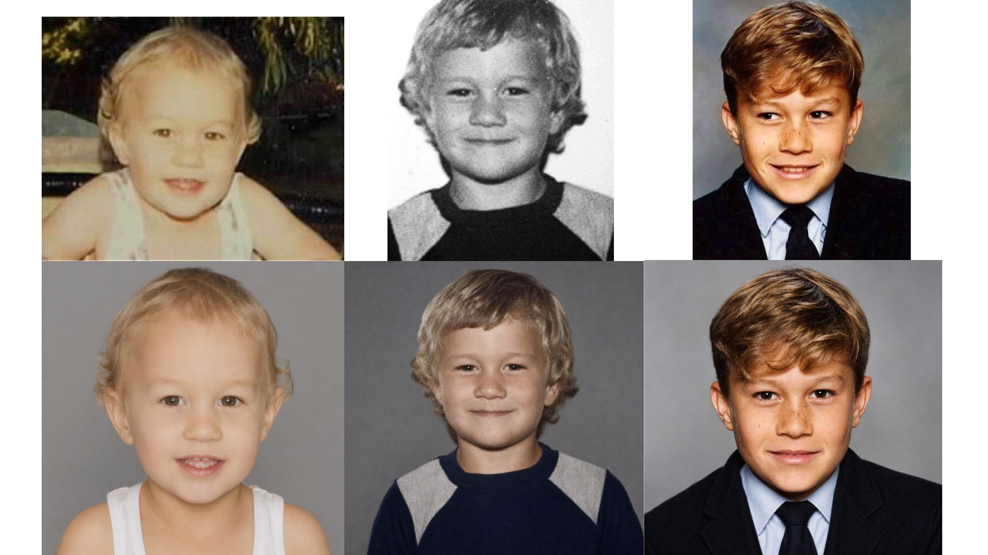 Childhood photos converted into consistent neutral-background headshots for smoother AI age progression video transitions.