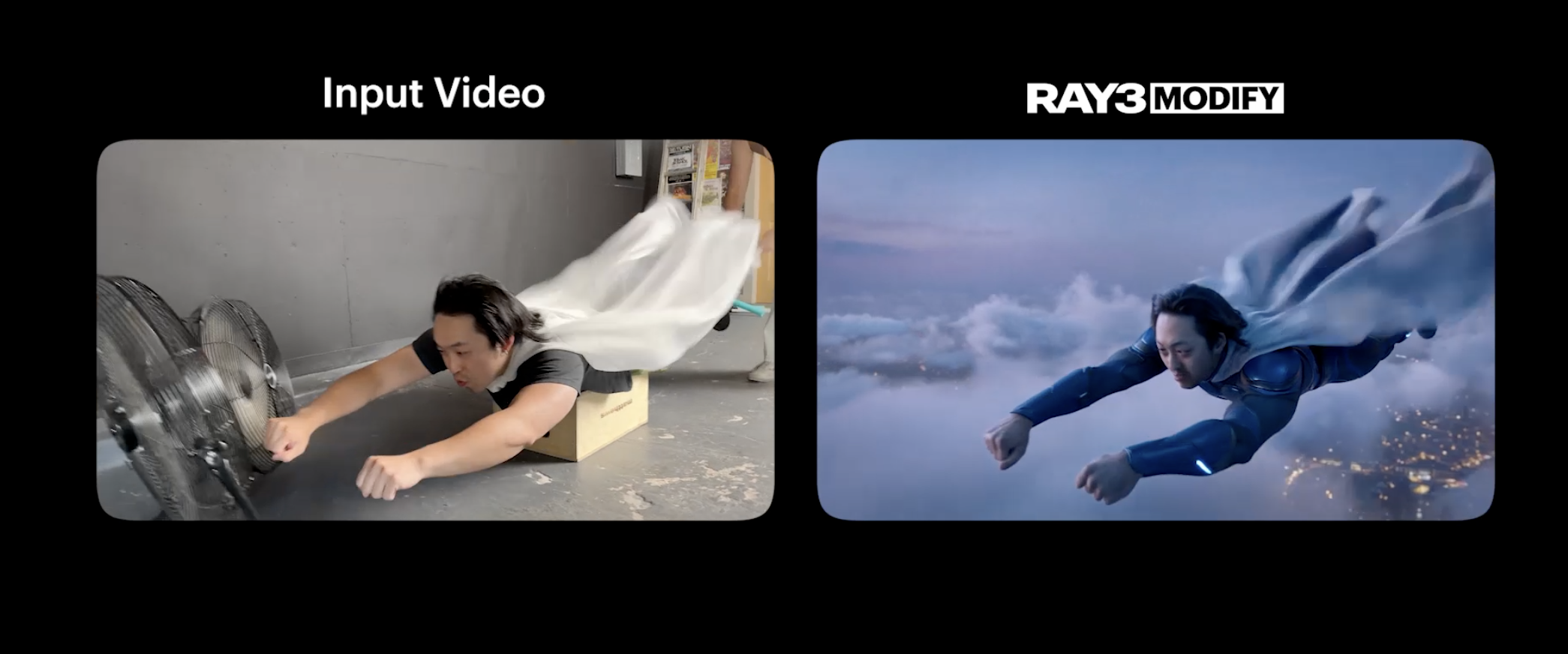 Luma Ray3 Modify before-and-after example transforming a live-action flying pose into a cinematic superhero scene.