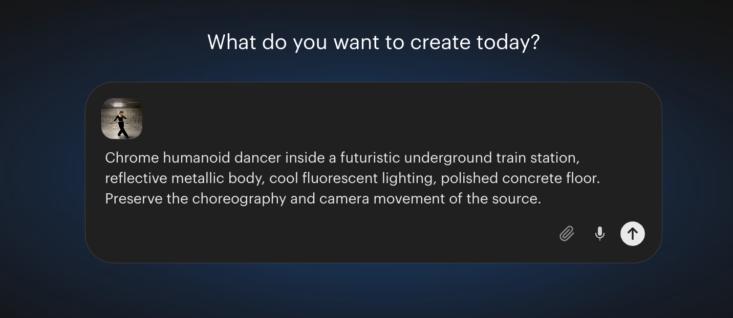 Luma Ray3.2 Modify Video prompt for turning a dancer into a chrome humanoid inside a futuristic underground train station.