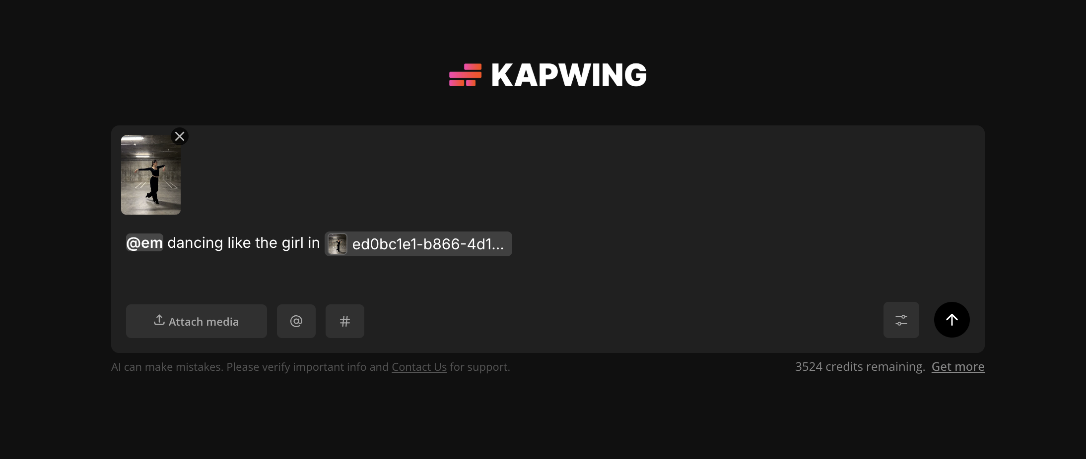Kapwing AI interface using Kling Motion Control with a dancer reference video to transfer motion onto a new character.