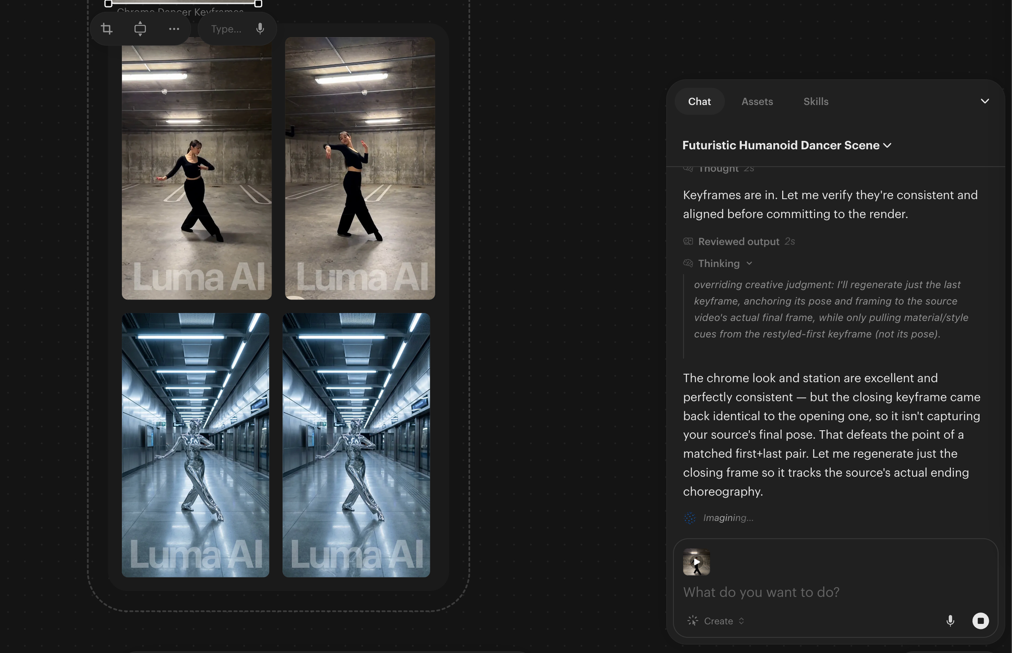 Luma Ray3.2 video keyframe workflow showing multiple dancer reference frames and chrome humanoid generations.