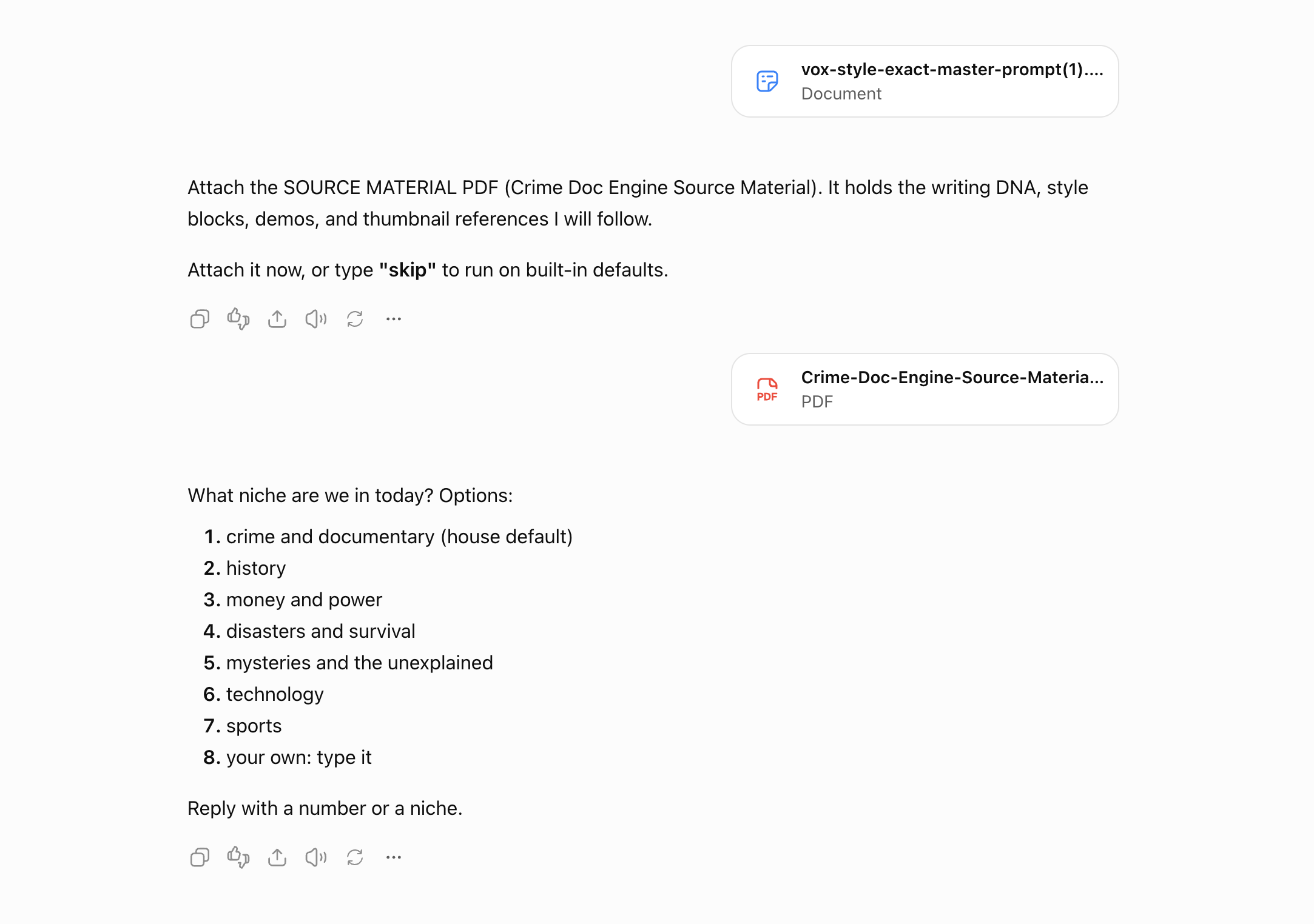 ChatGPT using a Vox-style documentary master prompt and source material PDF to suggest documentary niches, including history, crime, and technology.