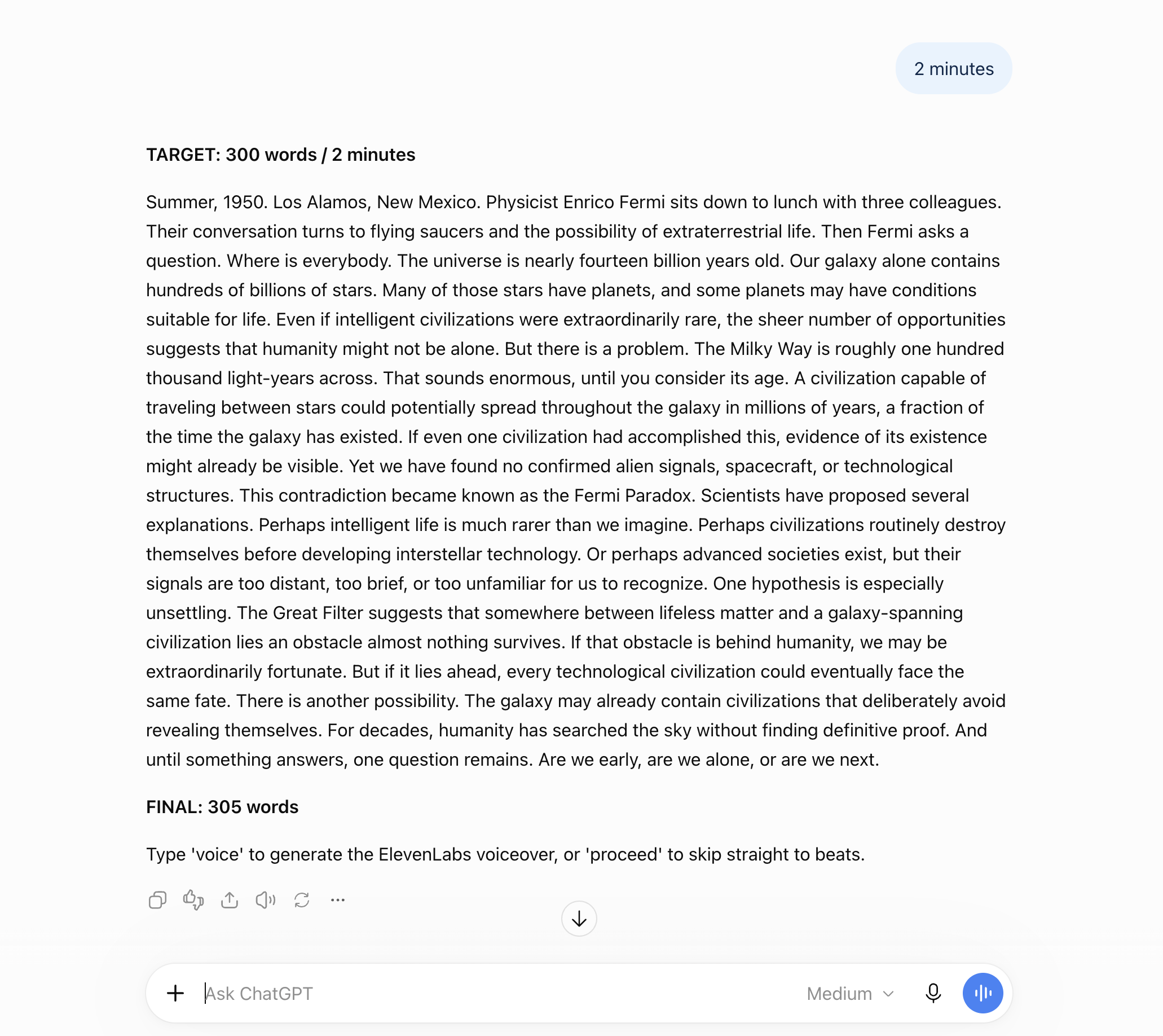 Two-minute AI-generated documentary narration about Fermi's Paradox in ChatGPT, with a 300-word target and chronological storytelling.