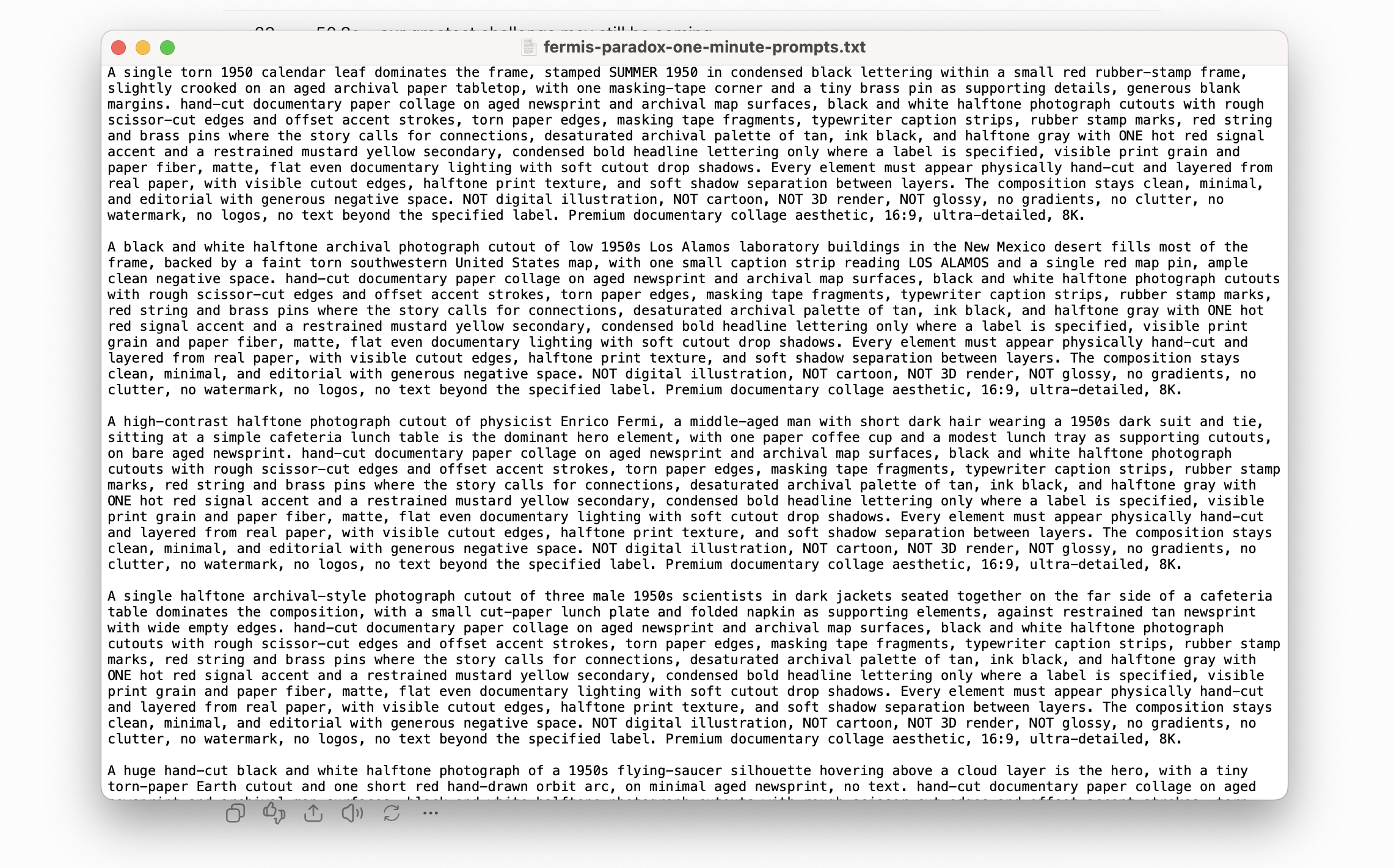 Text file containing AI image-generation prompts for a Vox-style documentary, with archival paper-collage instructions for each scene.