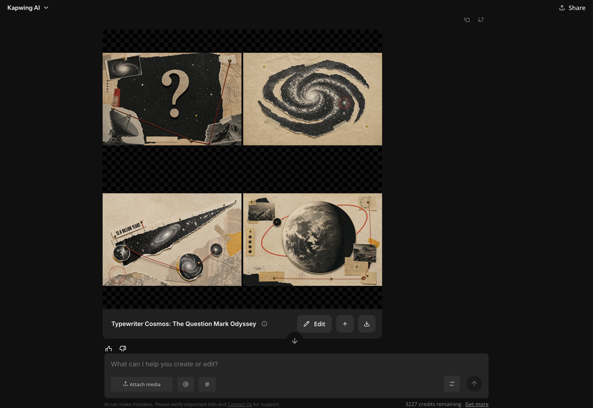 Four AI-generated documentary collage images in Kapwing AI, featuring archival paper textures, space imagery, halftone illustrations, and vintage graphics.