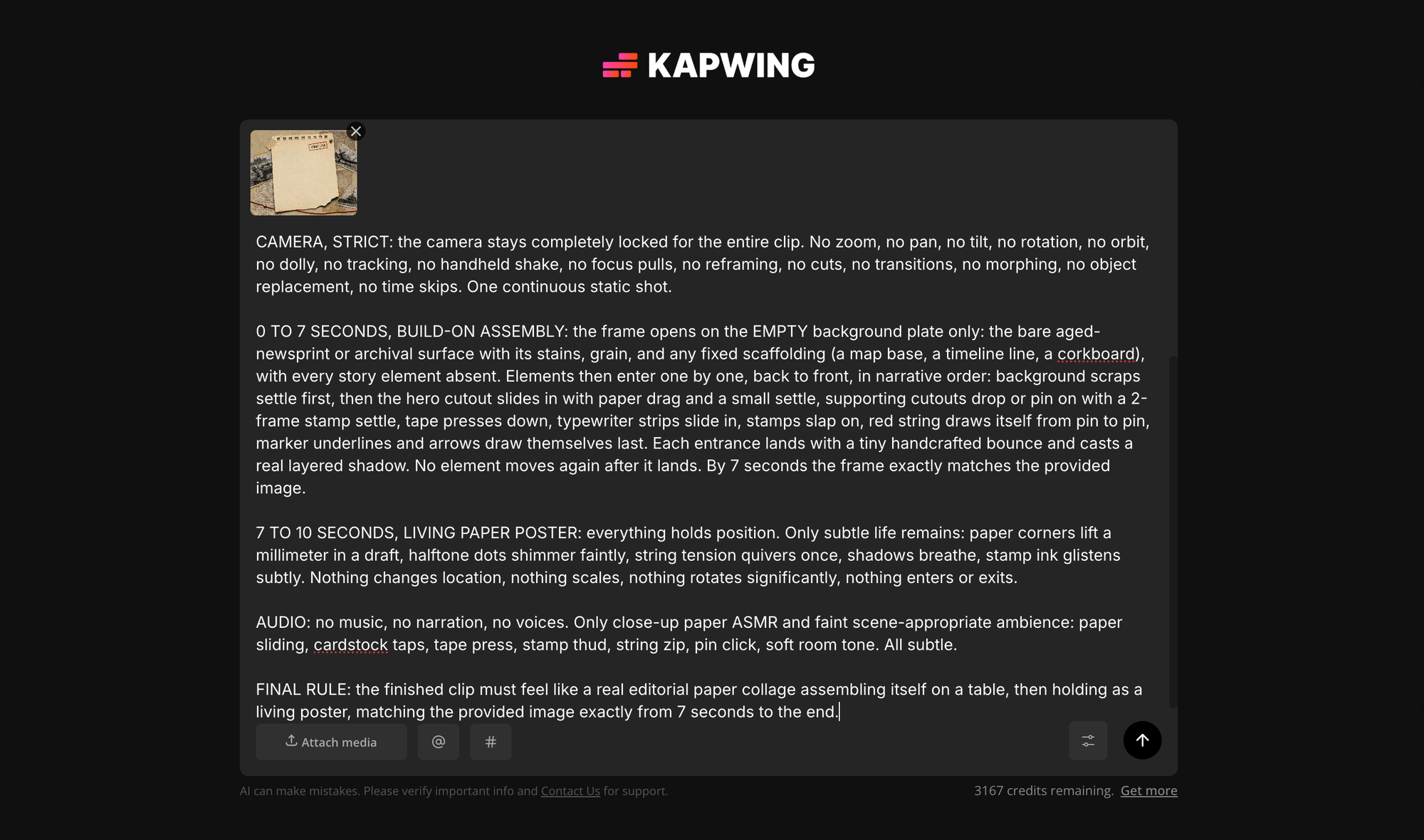 Kapwing AI interface with a paper-collage reference image and universal animation prompt for creating stop-motion documentary video effects.