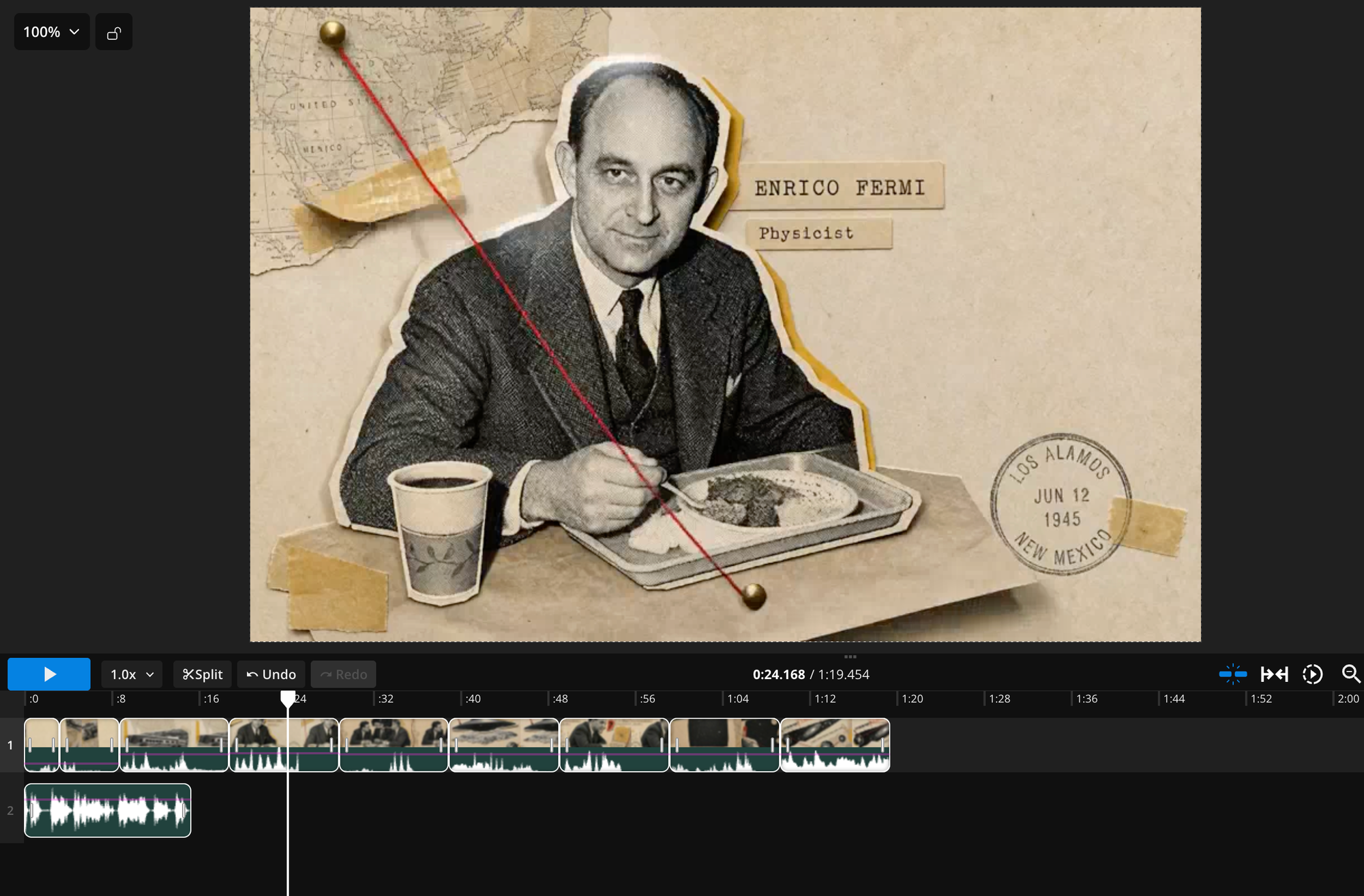 Kapwing video editor timeline showing AI-generated Vox-style documentary animations and a narration audio track being assembled into a video.