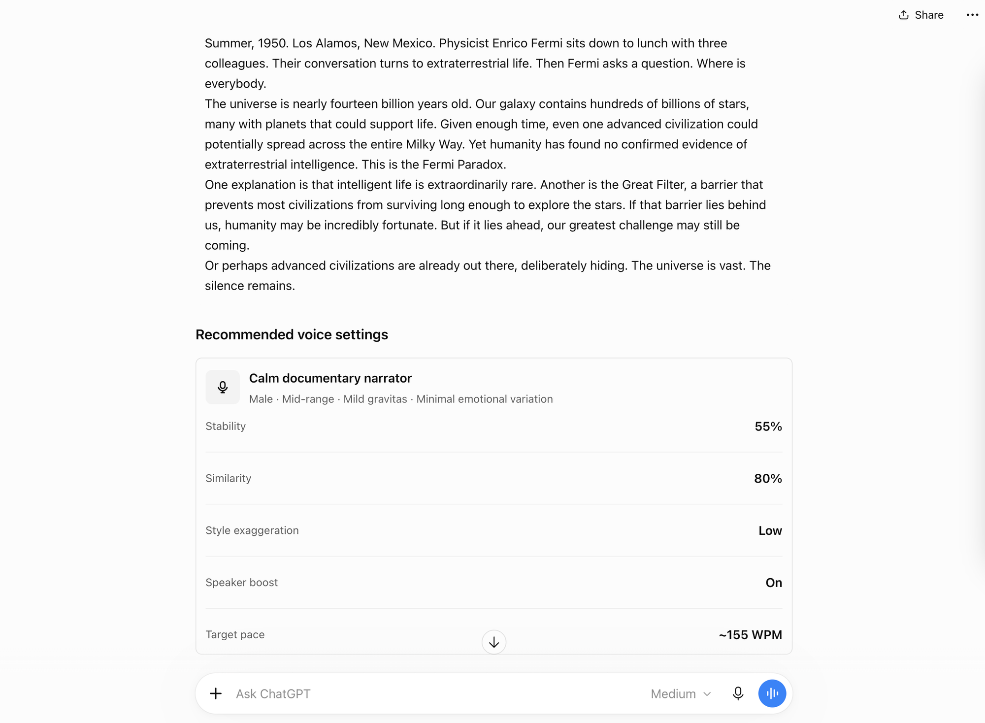 ChatGPT-generated Fermi's Paradox narration with AI documentary voiceover settings, including stability, similarity, and speaking pace.
