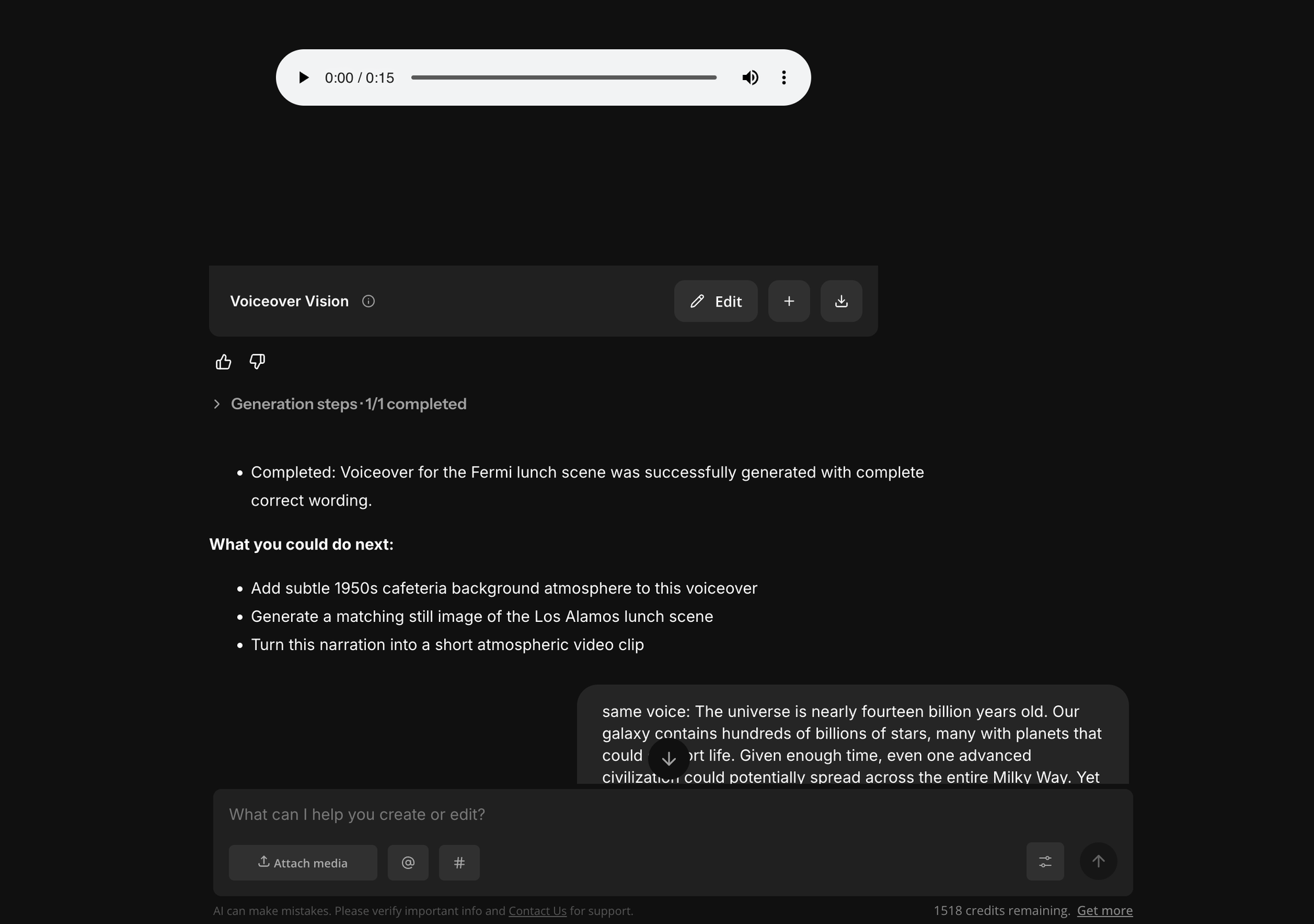 Kapwing AI voiceover generation interface showing an ElevenLabs documentary narration audio preview and generation details.