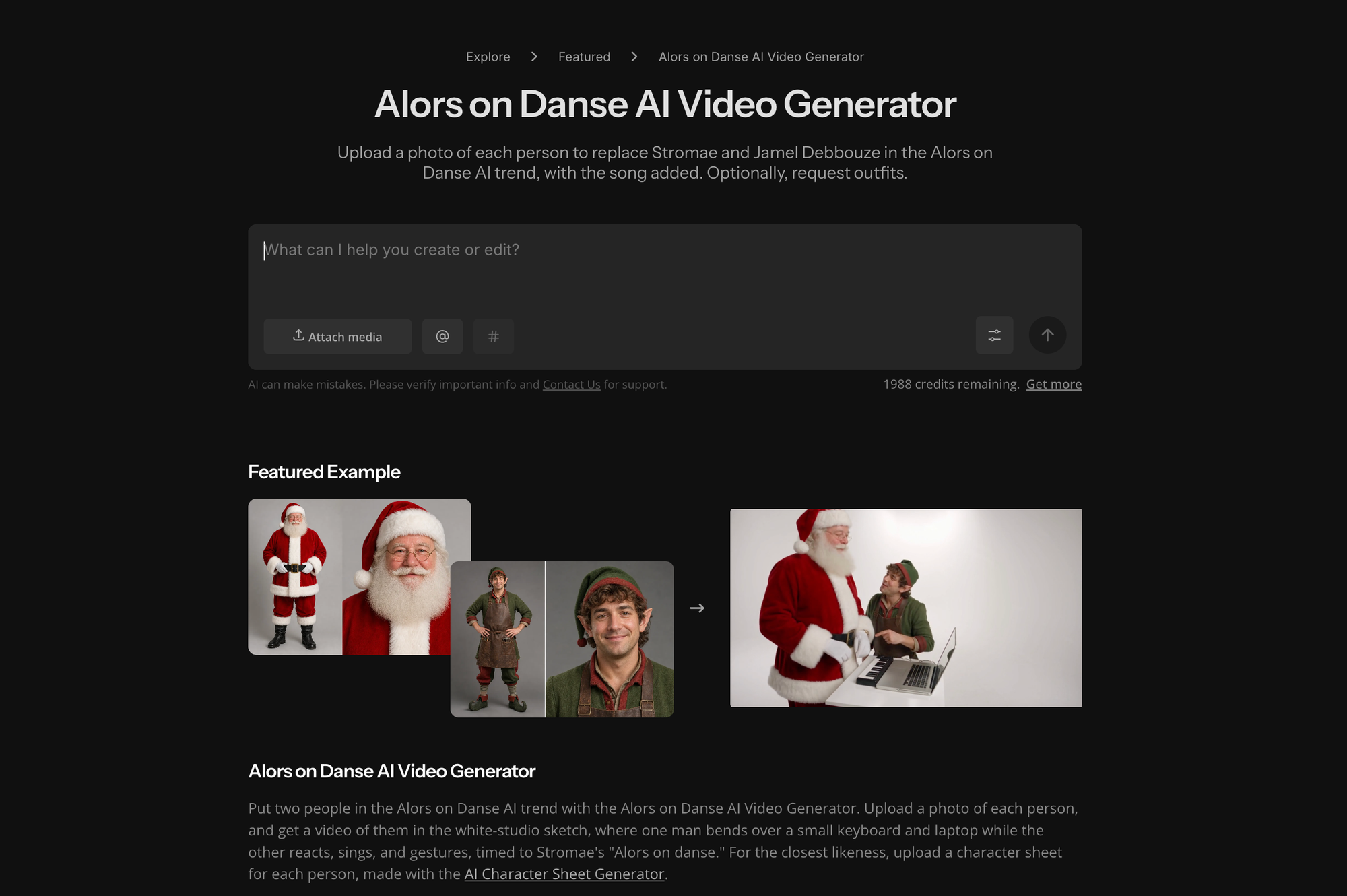 Kapwing Alors on Danse AI video generator showing reference photos of Santa Claus and an elf transformed into the viral Stromae dance scene.