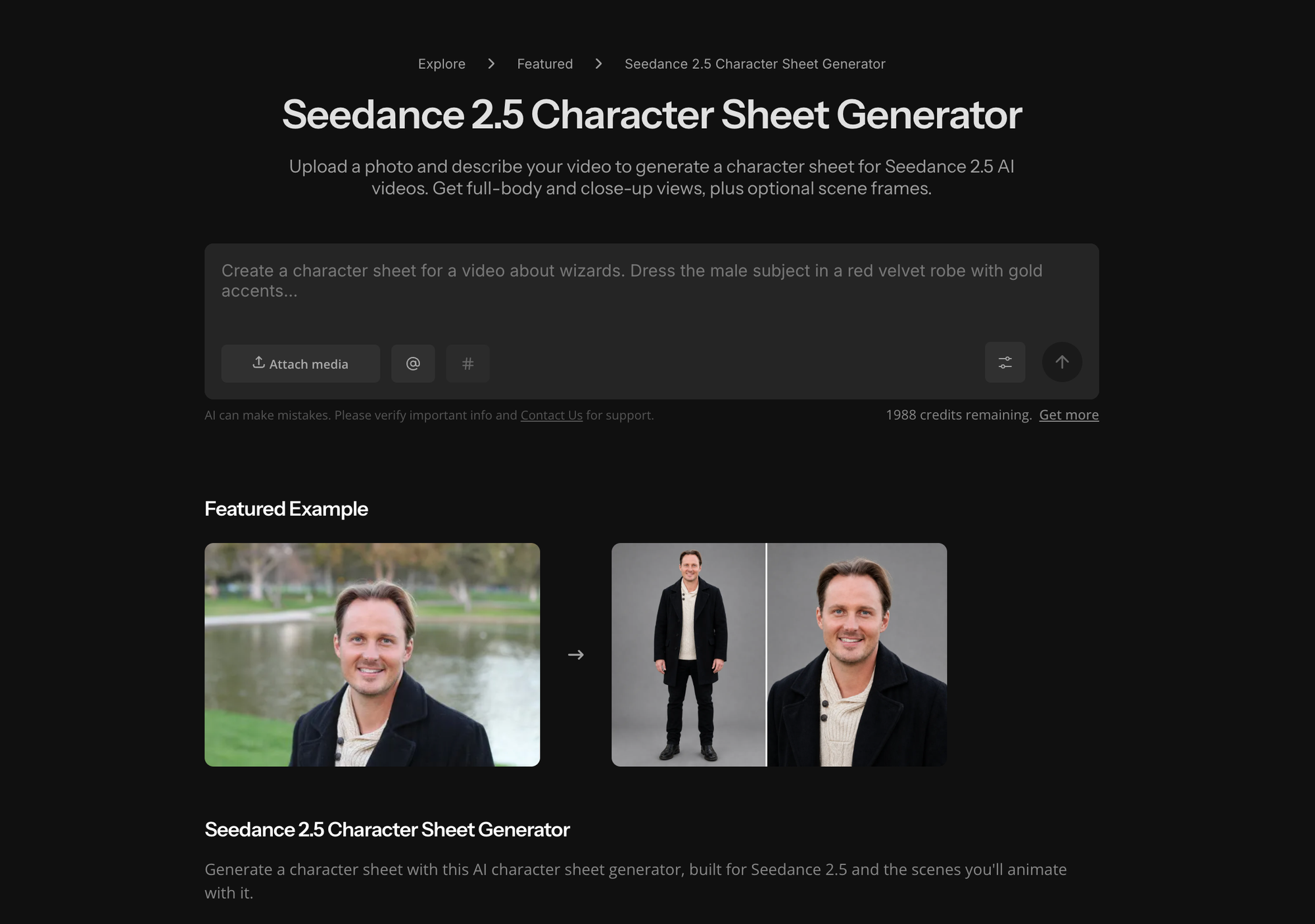 Kapwing AI Character Sheet Generator interface showing how to create consistent character reference images from a single portrait.