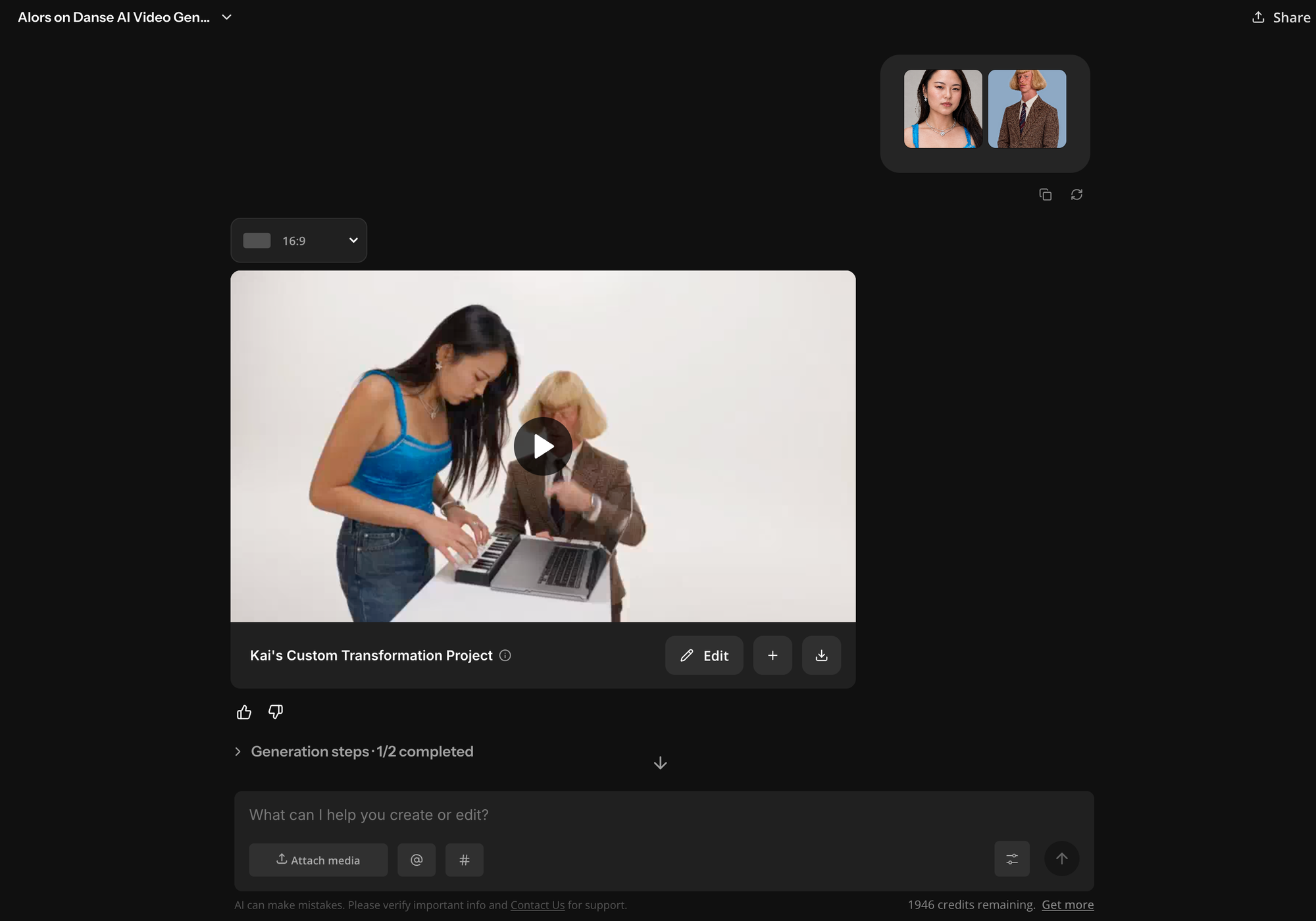 Kapwing Kai generated Alors on Danse AI video featuring two custom characters dancing and playing a keyboard in a white studio, recreating the viral Stromae and Jamel Debbouze meme.
