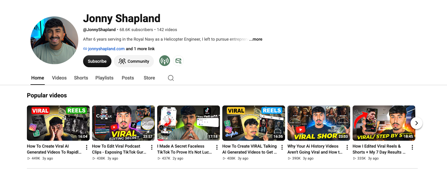 Screenshot of the channel @JonnyShapland on YouTube