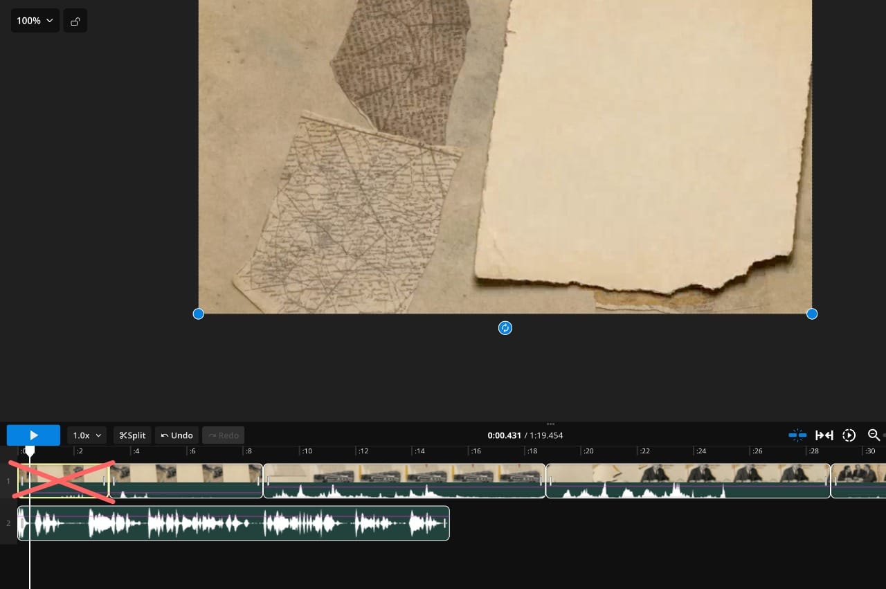 Kapwing video editor showing a trimmed AI paper-collage animation clip aligned with a documentary voiceover waveform on the timeline.