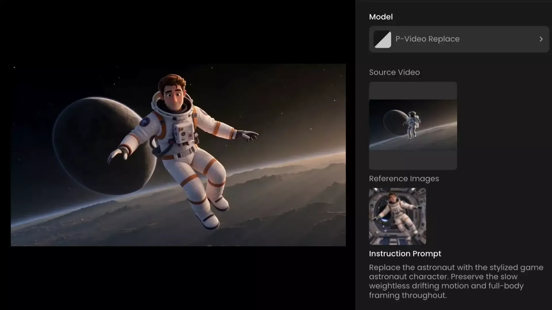 Scenario P-Video Replace interface showing an astronaut source video, replacement character reference, and AI character swap prompt.