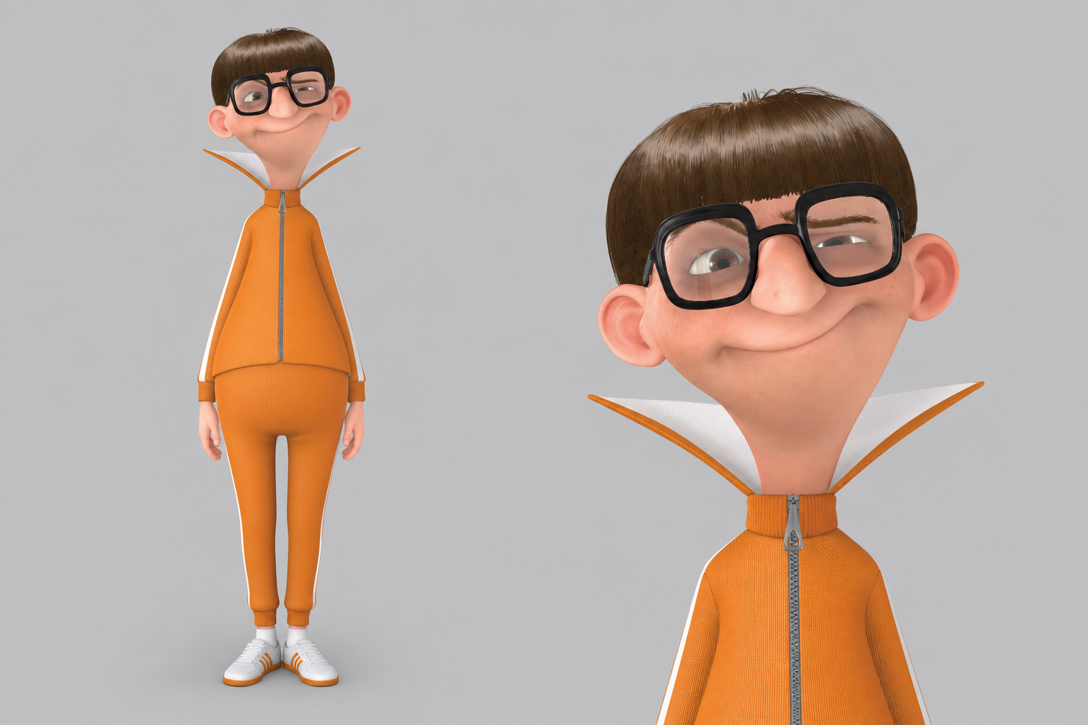AI-generated character reference sheet of Vector from Despicable Me, showing full-body and close-up views for consistent AI video generation.