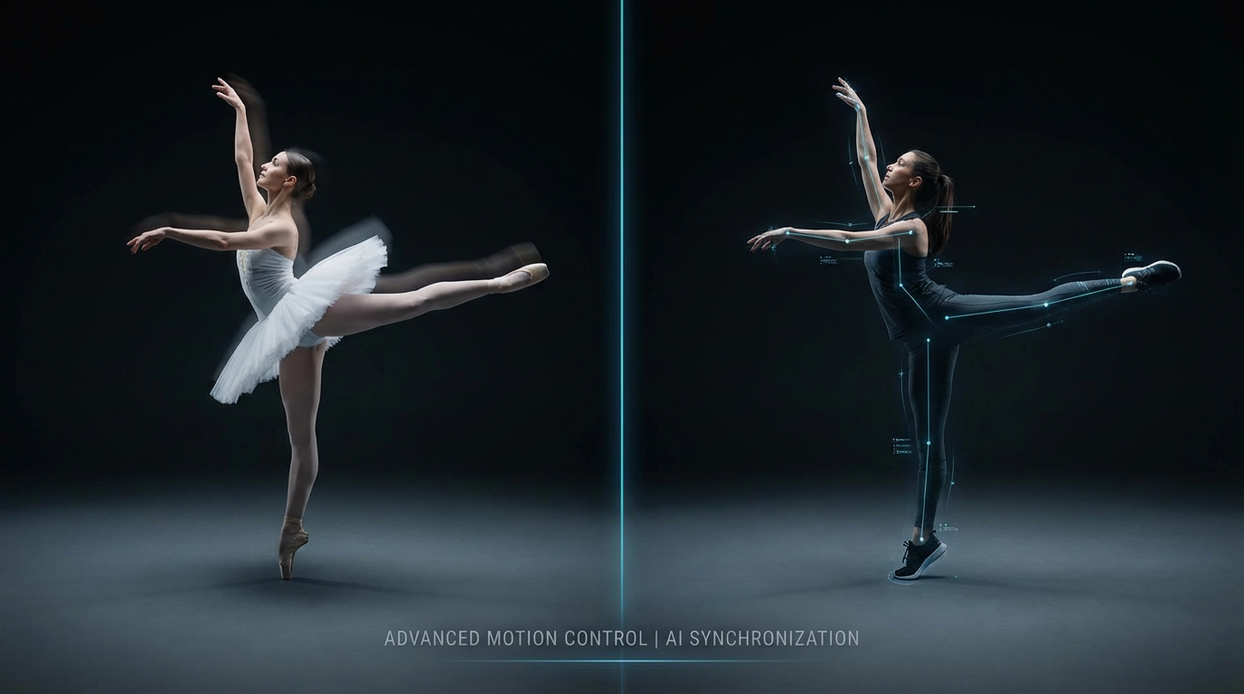 Side-by-side Kling Motion Control example showing a ballet dancer in a white tutu and a futuristic robotic dancer performing the same pose.