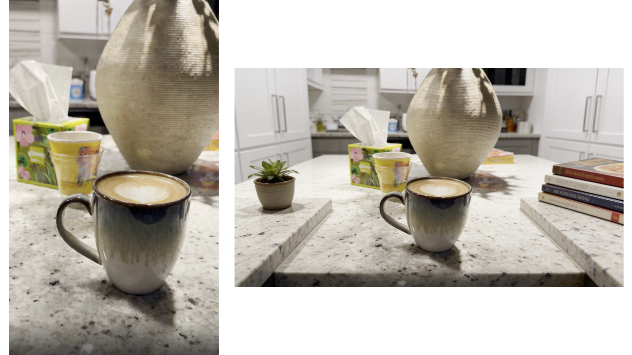 AI keyframe edit showing a coffee mug product shot expanded from vertical footage into a wider video composition.