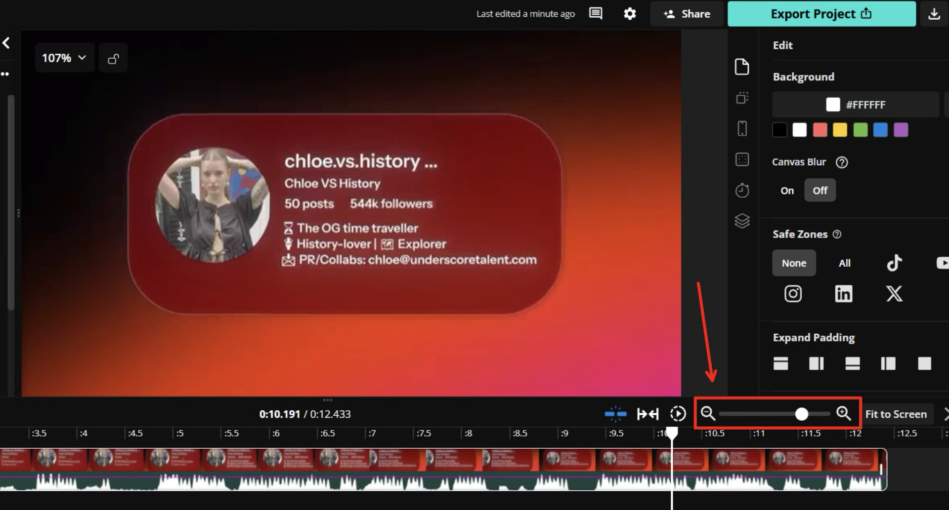 Kapwing editor with the timeline zoom slider outlined in red above a video track and audio waveform.