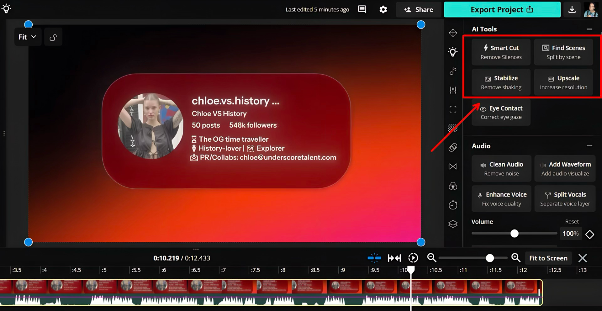 Editing a video using AI tools in the Kapwing timeline editor
