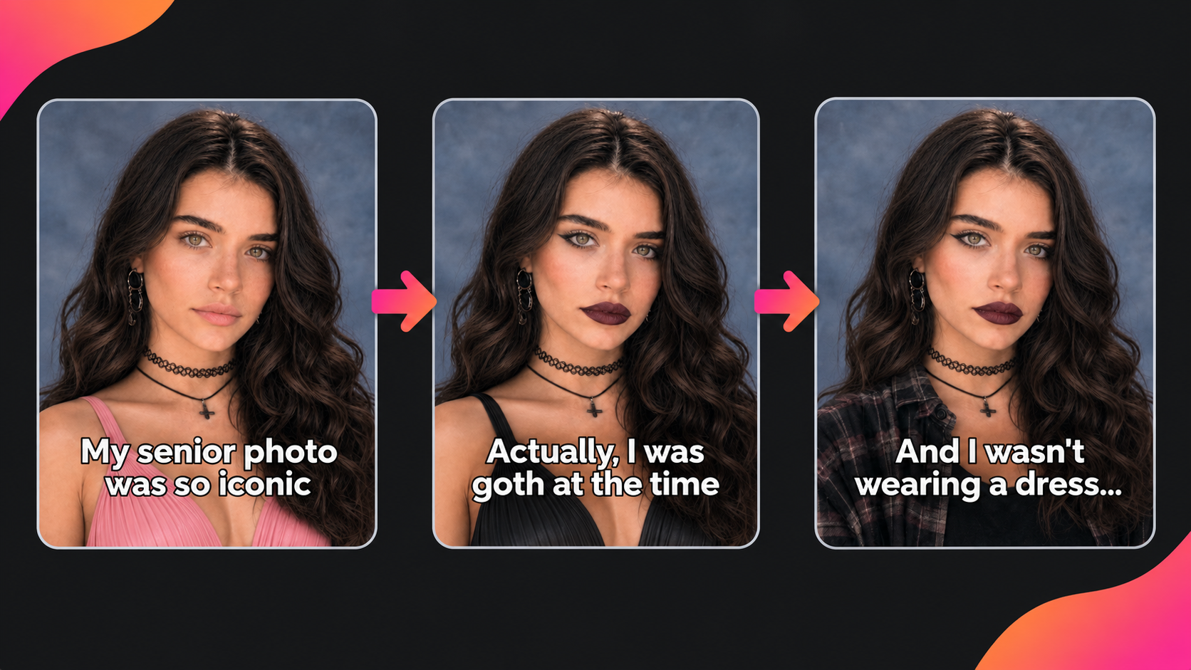 Example image carousel showing the caption style for the "I'm so sorry" TikTok trend. 