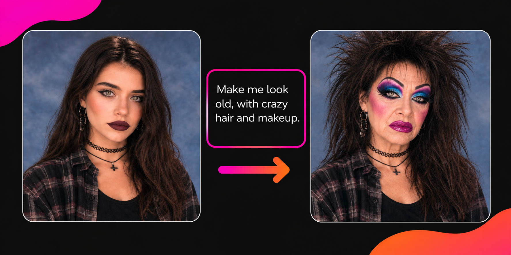 Side by side image comparison showing the prompt used to turn an original image into a heavily edited version for dramatic, humorous effect. 