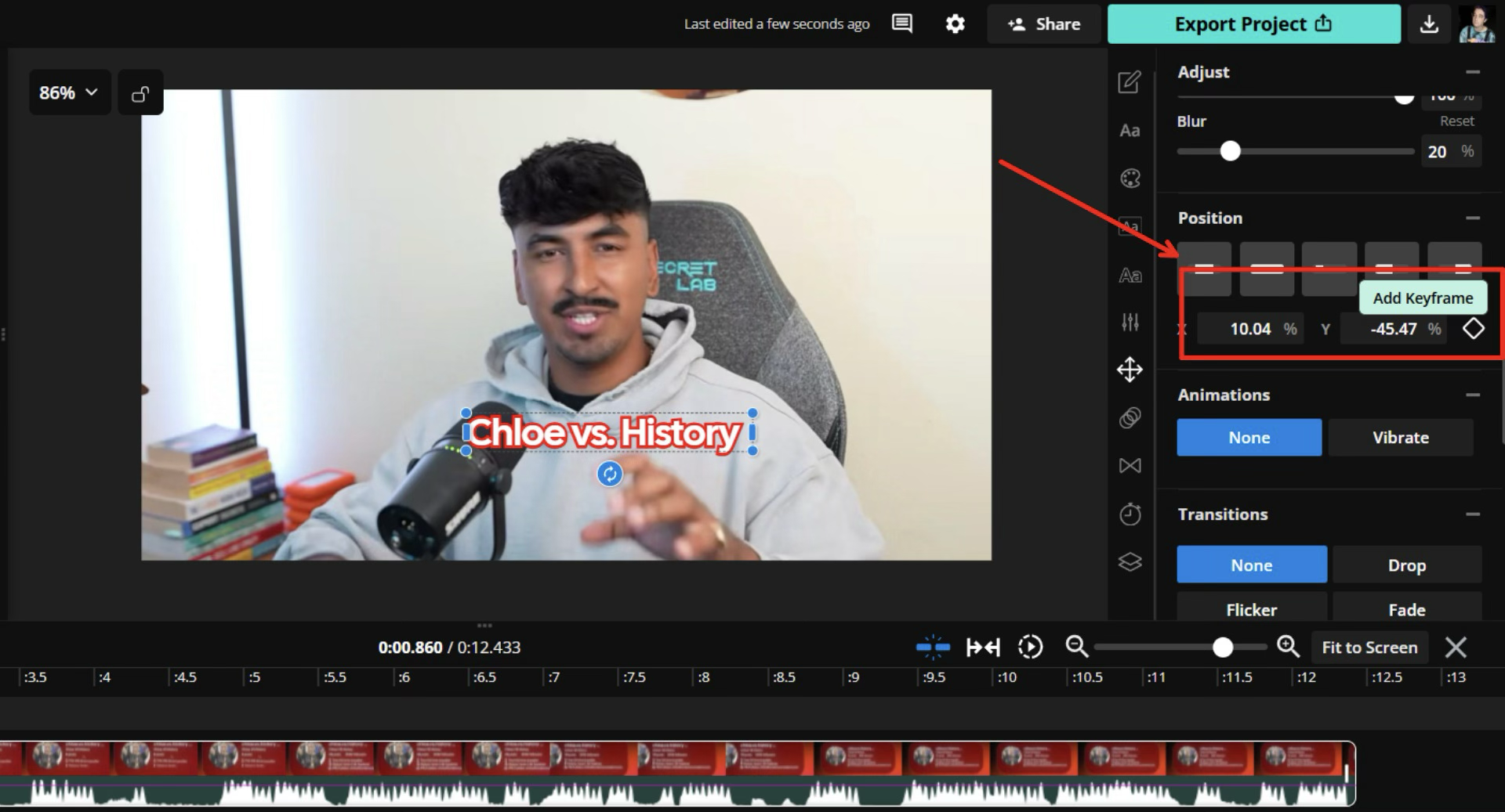 Kapwing editor with a talking-head video and the Add Keyframe diamond highlighted beside the Position controls.