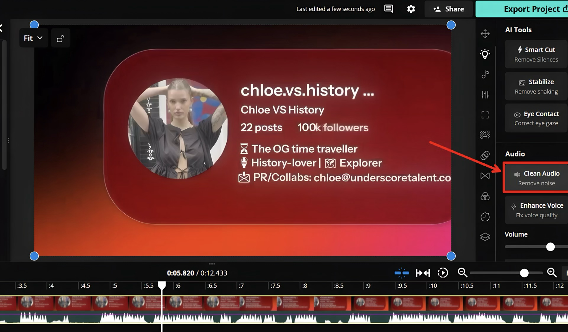Kapwing’s AI Tools panel with Clean Audio highlighted next to a selected video and its audio waveform.