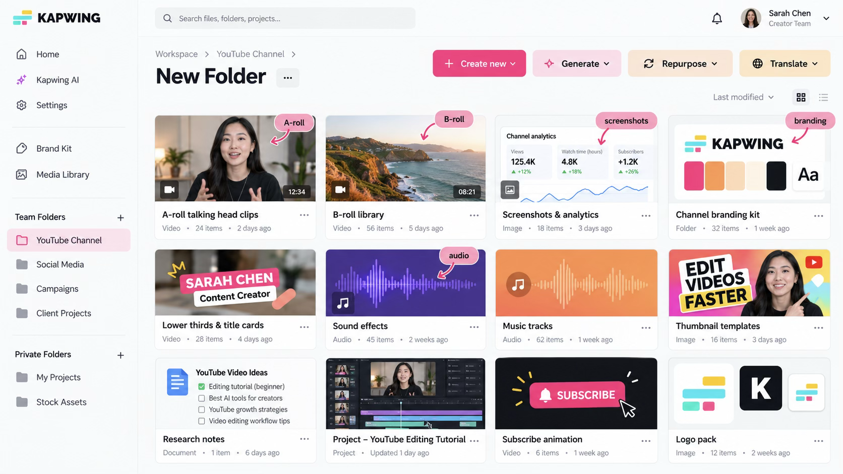 Kapwing workspace with A-roll, B-roll, screenshots, branding, sound effects, music, thumbnails, and research assets.