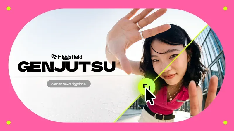 Higgsfield Genjutsu promotional graphic showing the AI video transformation tool used for motion transfer and object replacement.