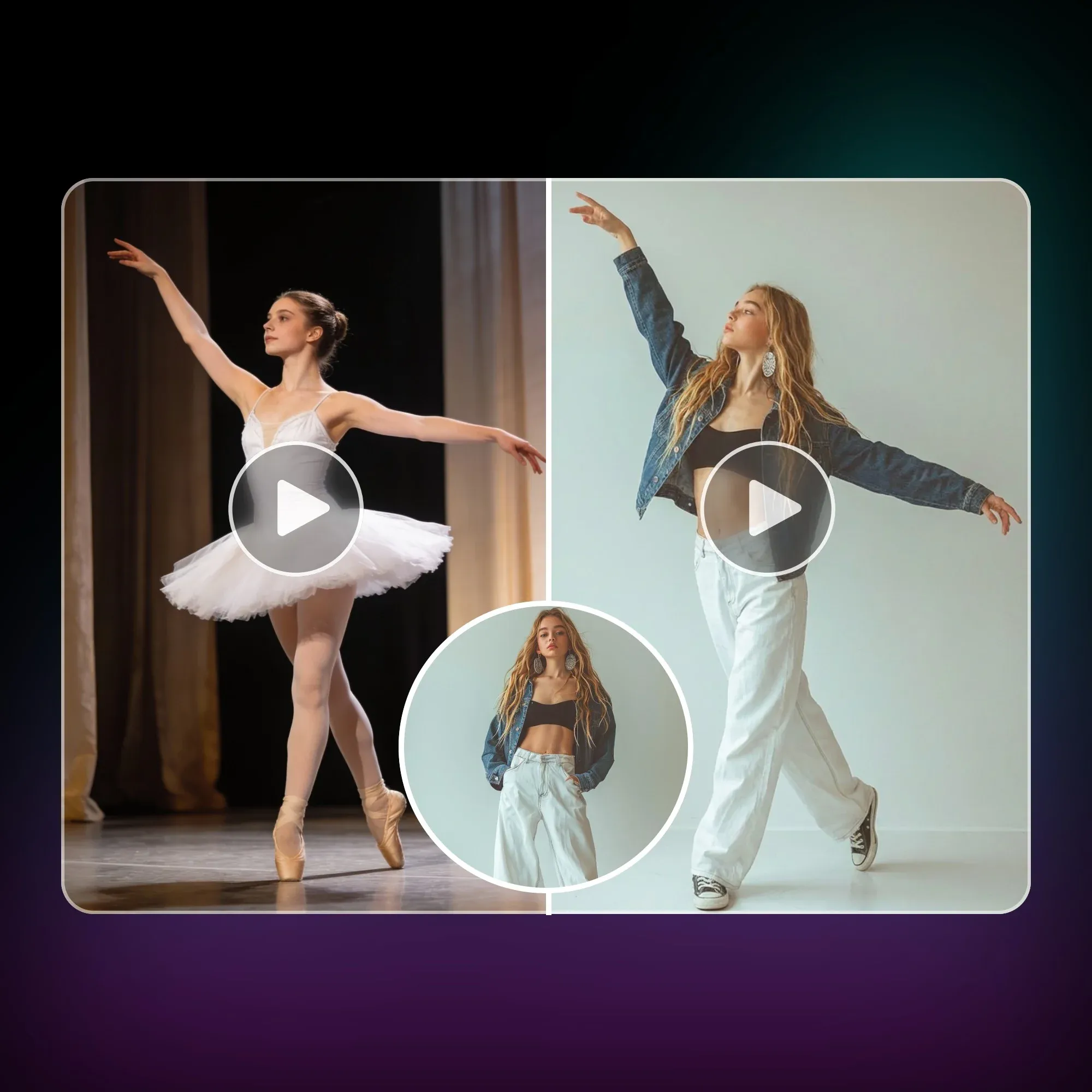 Kling Motion Control illustration showing a reference performer transferring dance motion onto a different AI character.