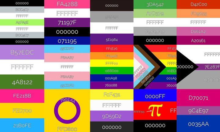 Gudie featuring the exact color codes of 15 different popular pride flags.